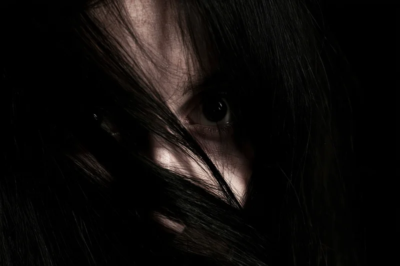 Woman's eye visible through long black hair in dark closeup portrait