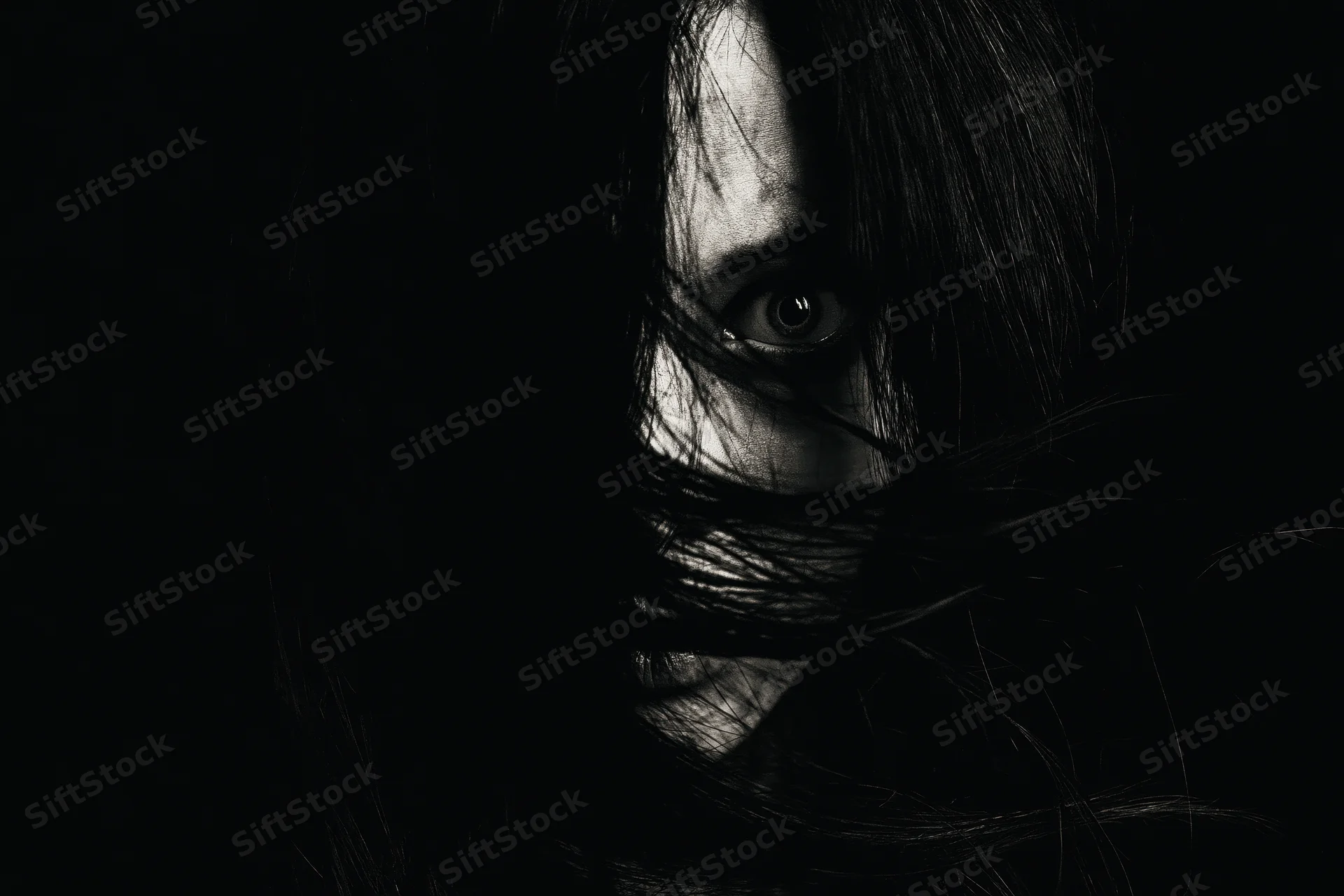 Woman’s eye visible through long black hair in dark shadowed closeup