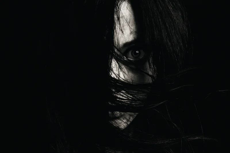 Woman’s eye visible through long black hair in dark shadowed closeup