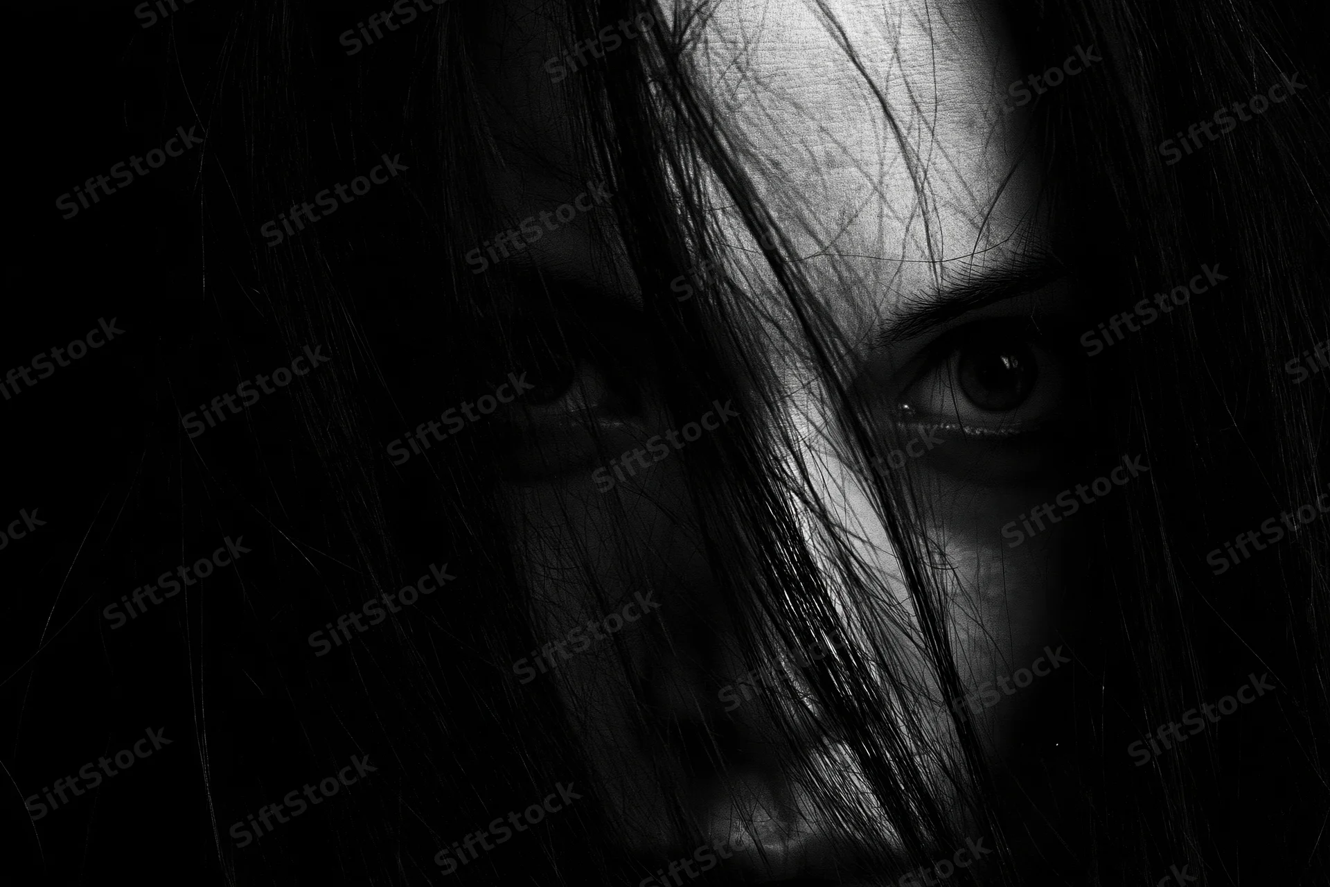 Woman’s face partially obscured by long black hair in dramatic closeup