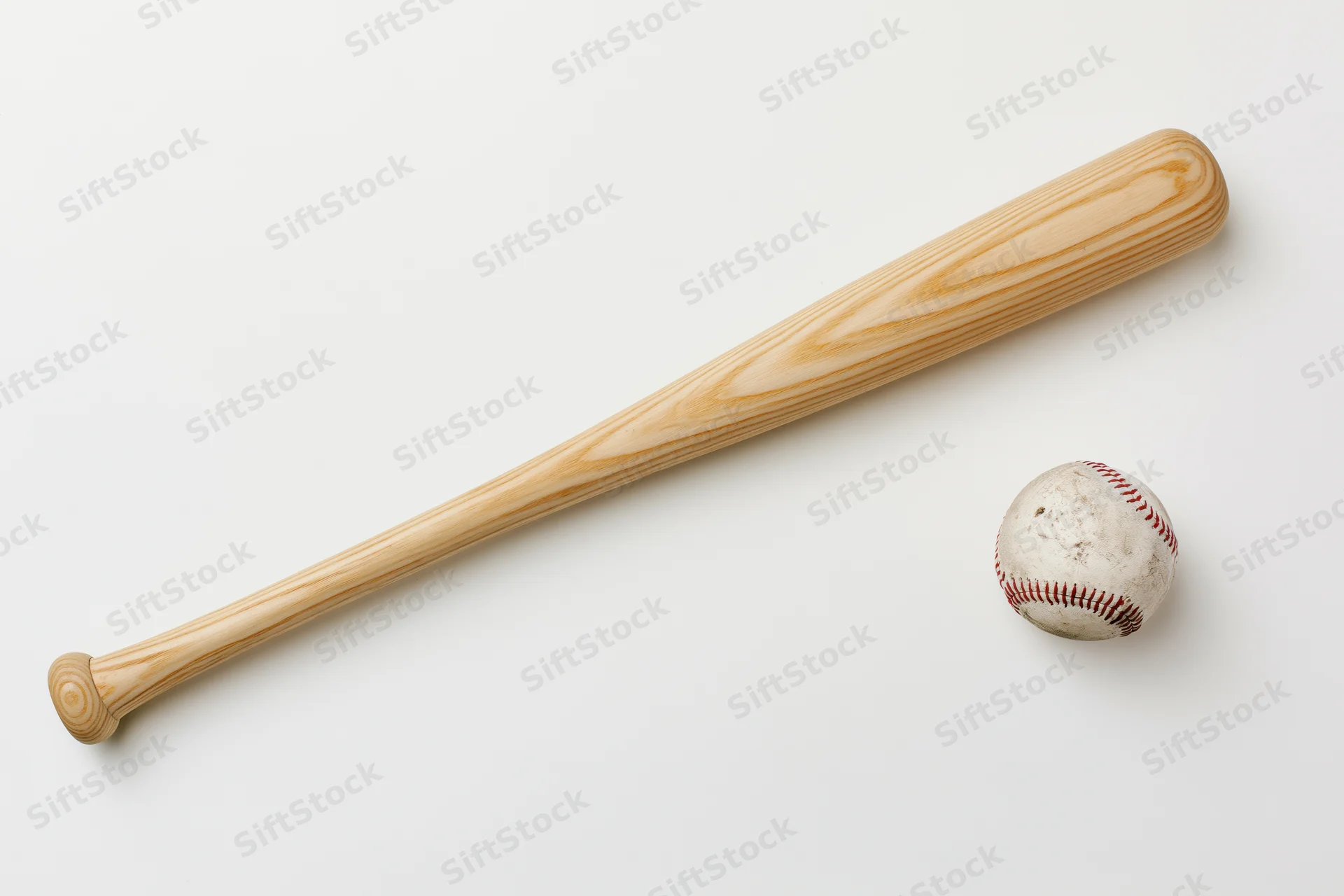 Wooden baseball bat and worn leather baseball arranged diagonally on white background