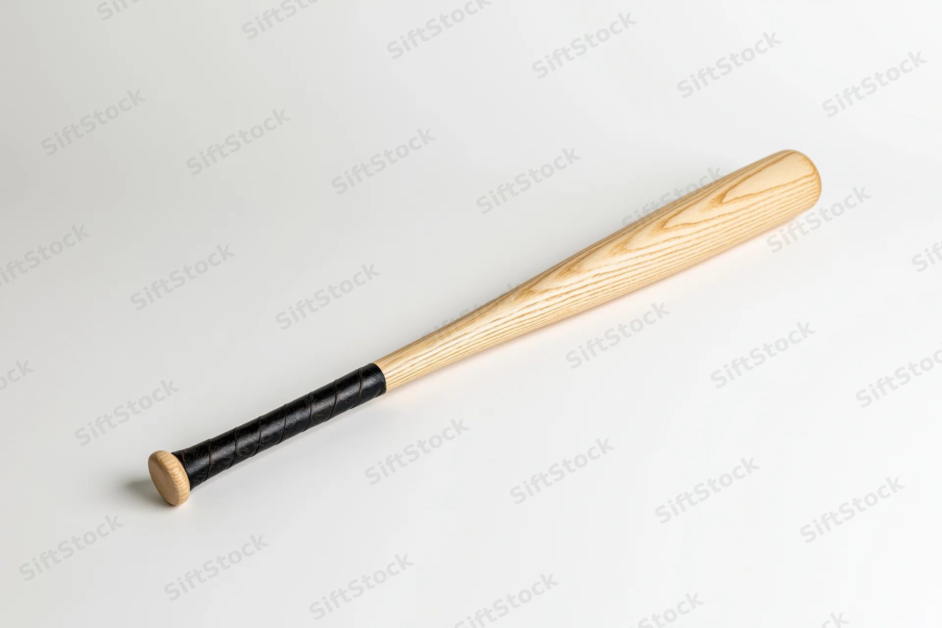 Wooden baseball bat lying diagonally on plain white surface