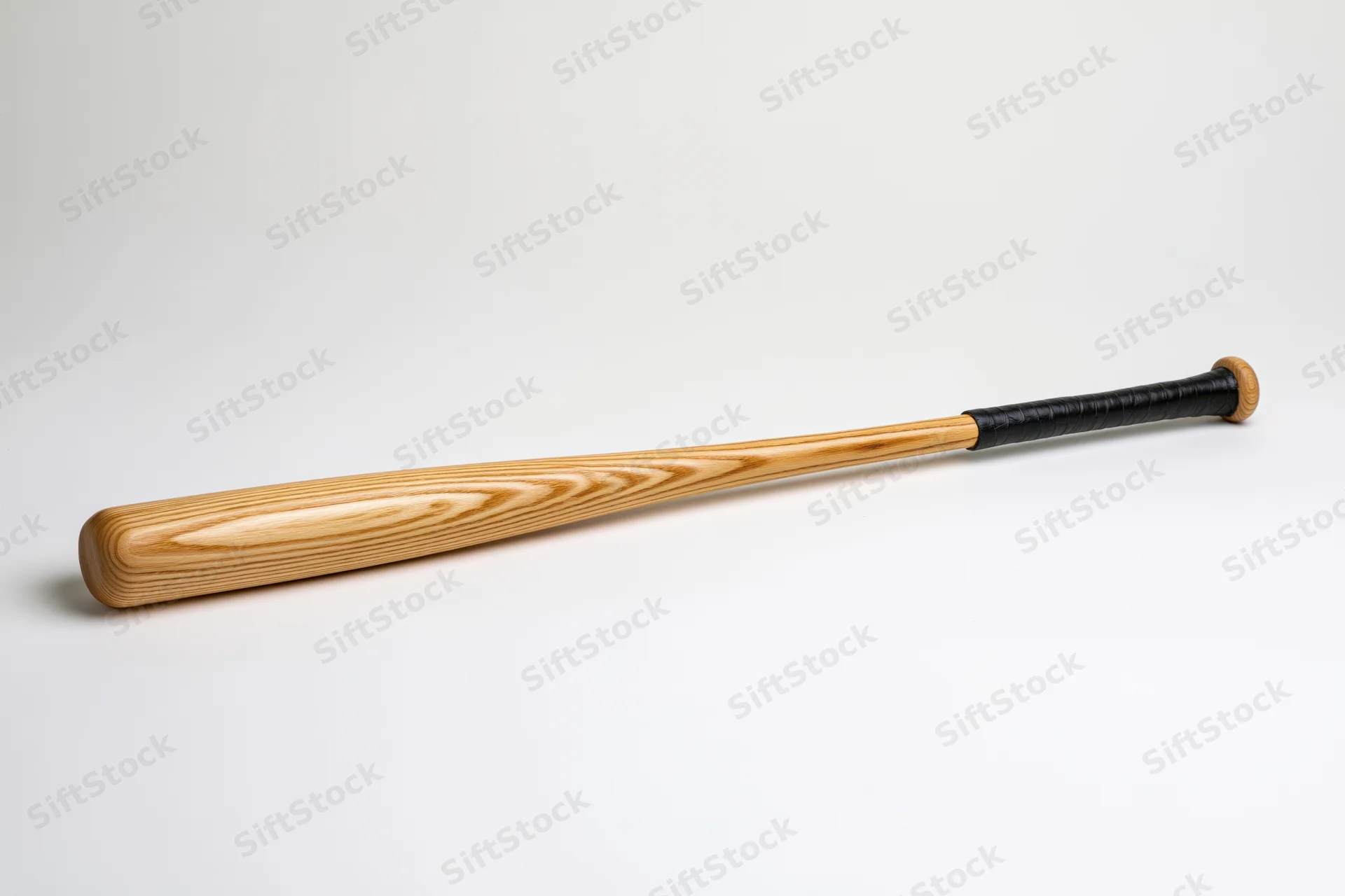 Wooden baseball bat lying diagonally on a plain white surface