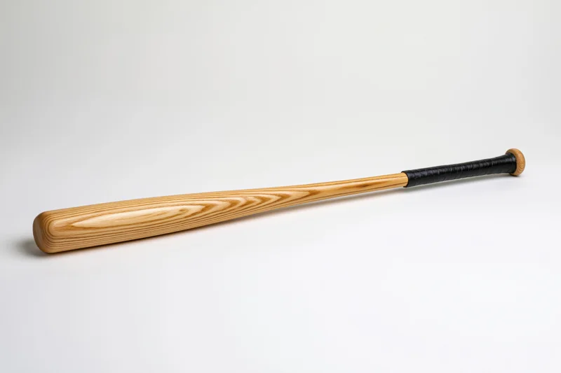 Wooden baseball bat lying diagonally on a plain white surface