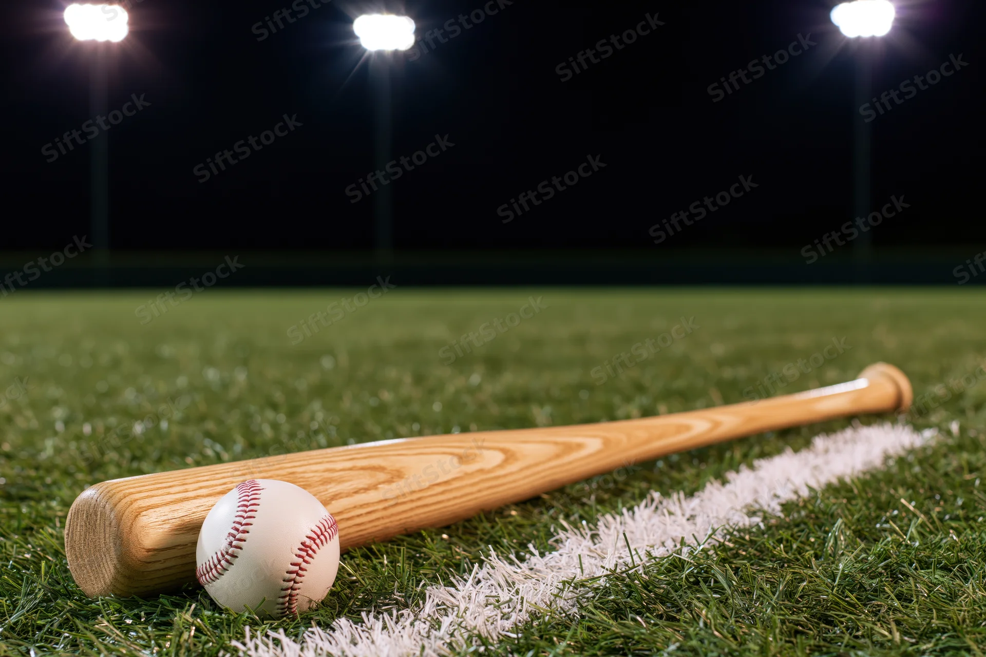 Wooden baseball bat and ball resting on grass field under stadium lights at night