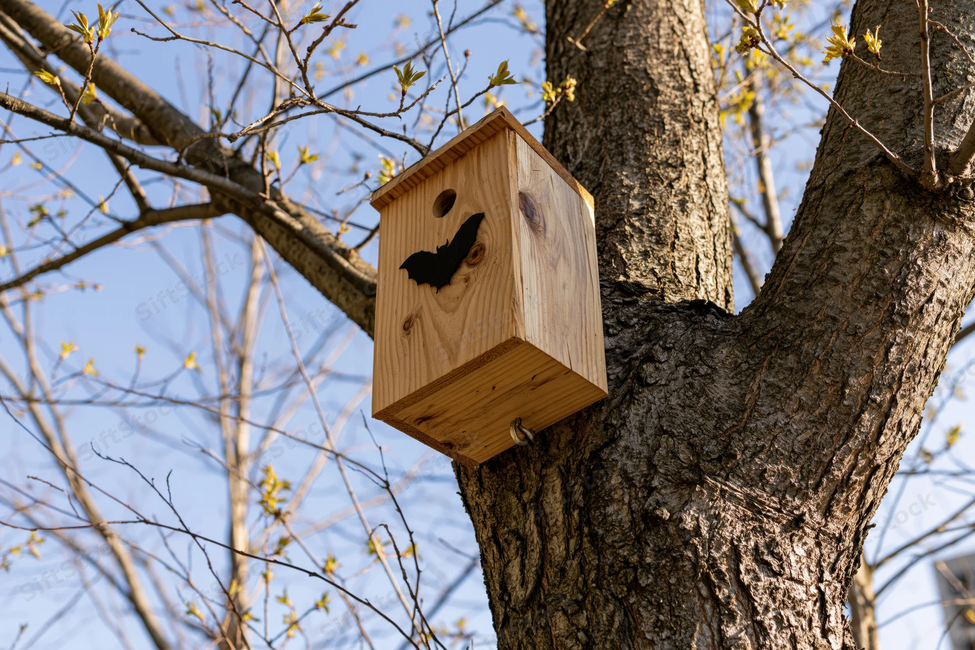 Wooden bat house mounted on tree trunk with bat silhouette in springtime outdoors
