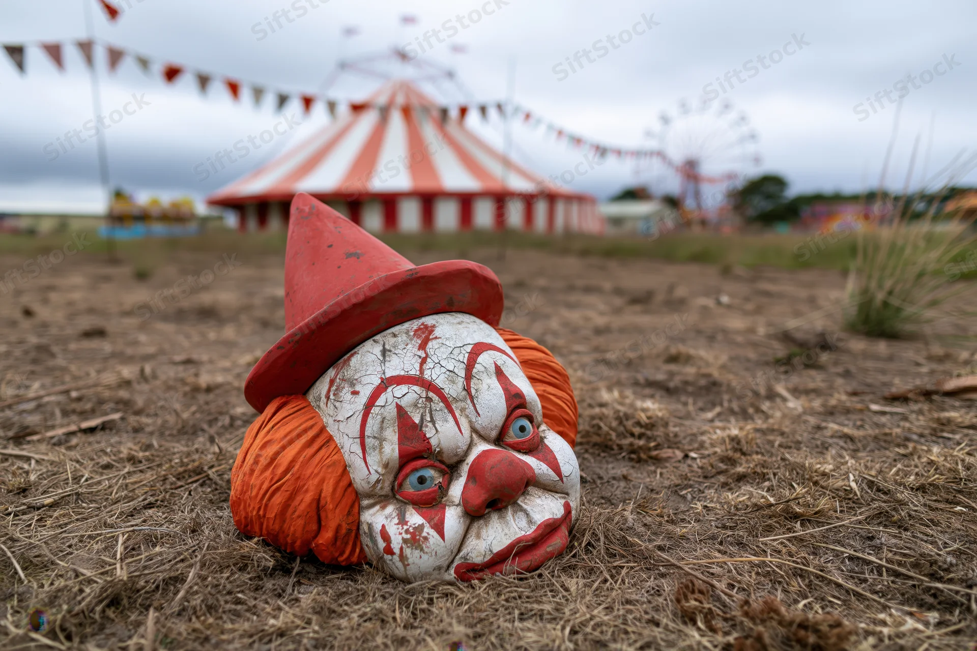 Worn ceramic clown mask with red hat and orange hair resting on dry grass in front of a circus tent