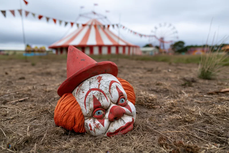 Worn ceramic clown mask with red hat and orange hair resting on dry grass in front of a circus tent