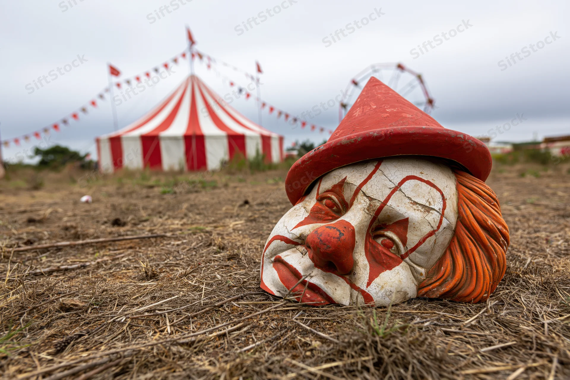 Worn ceramic clown mask with red hat and orange hair resting on dry grass in front of a striped circus tent and ferris wheel