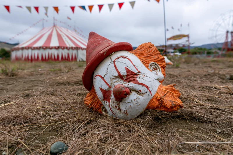 Worn ceramic clown mask with red hat and orange hair resting on dry grass near a striped circus tent and fairground rides