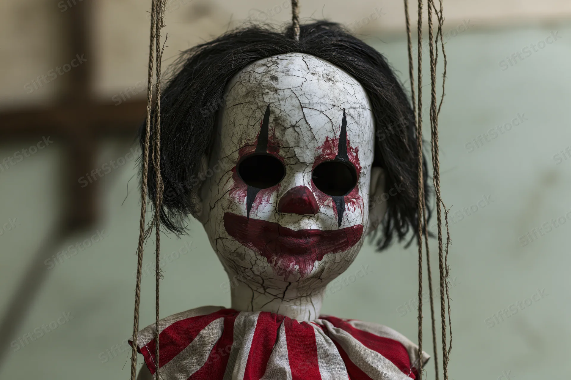 Worn creepy clown marionette doll hanging from frayed rope strings with cracked paint and striped costume