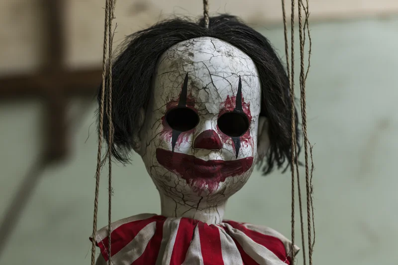 Worn creepy clown marionette doll hanging from frayed rope strings with cracked paint and striped costume