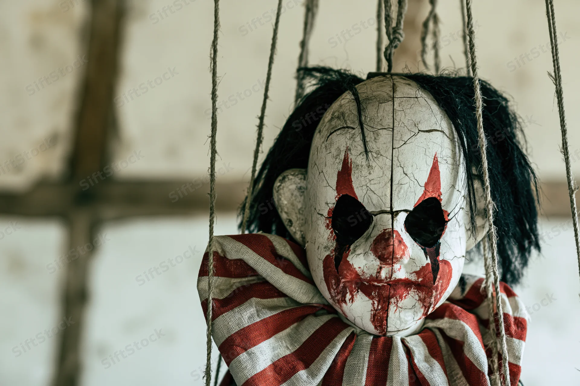 Worn creepy clown marionette doll hanging from frayed rope strings indoors