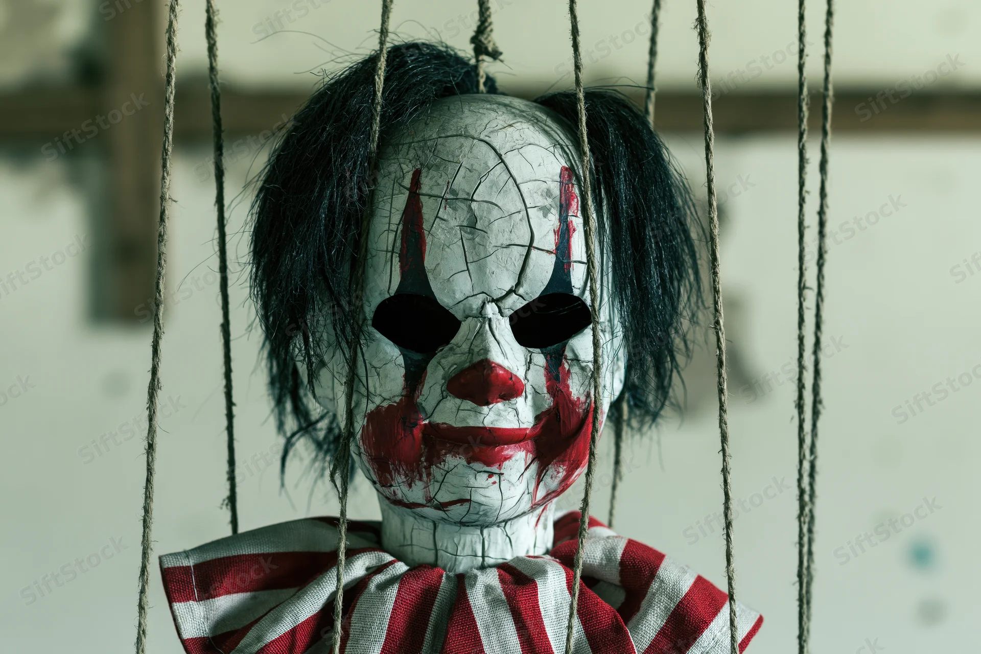 Worn clown marionette with cracked paint and frayed strings hanging against a plain wall