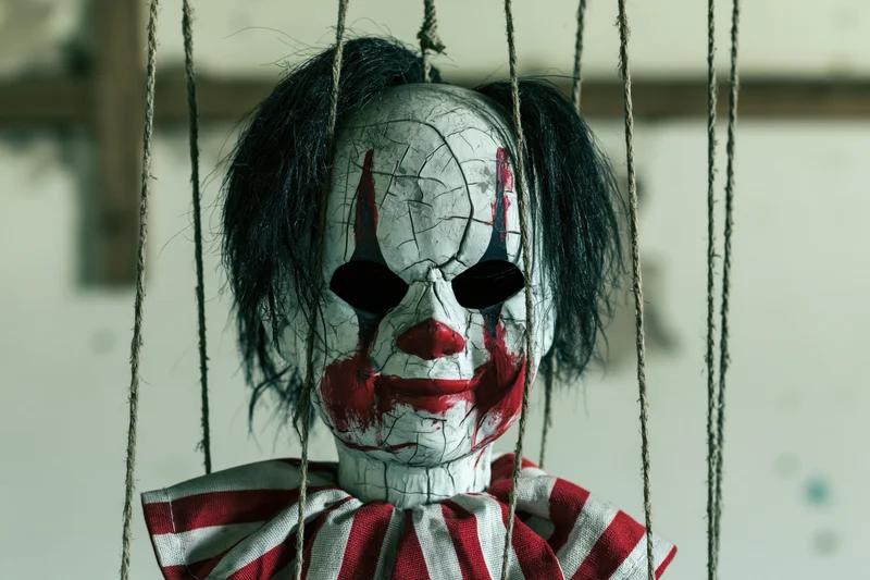 Worn clown marionette with cracked paint and frayed strings hanging against a plain wall