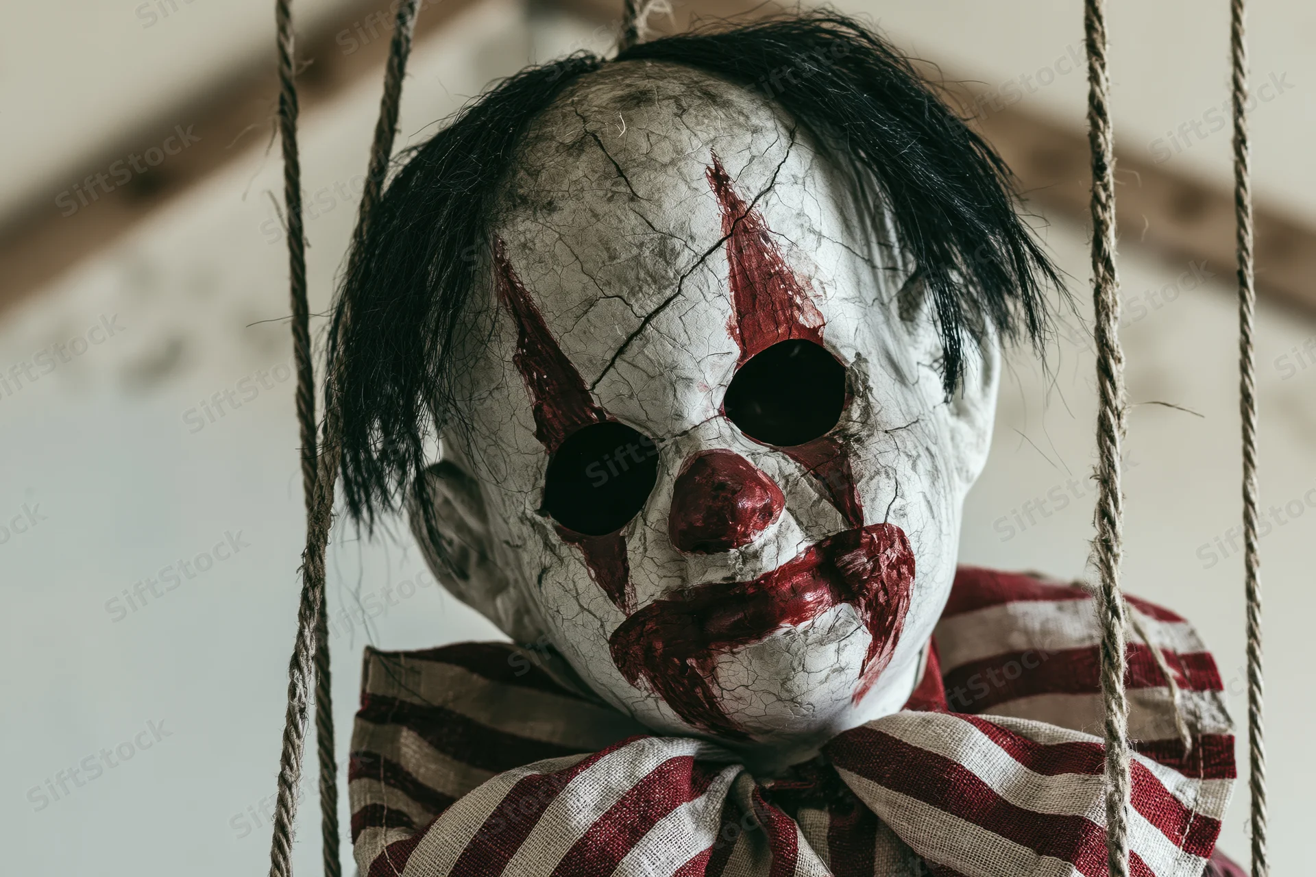 Worn creepy clown marionette doll hanging from frayed rope strings