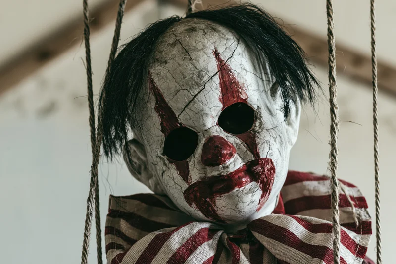 Worn creepy clown marionette doll hanging from frayed rope strings