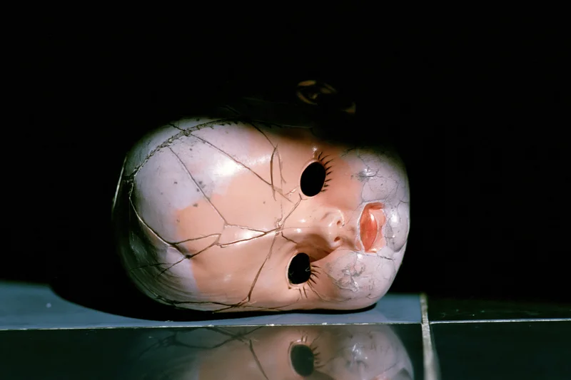 Cracked plastic doll head lying on its side on a dark reflective surface