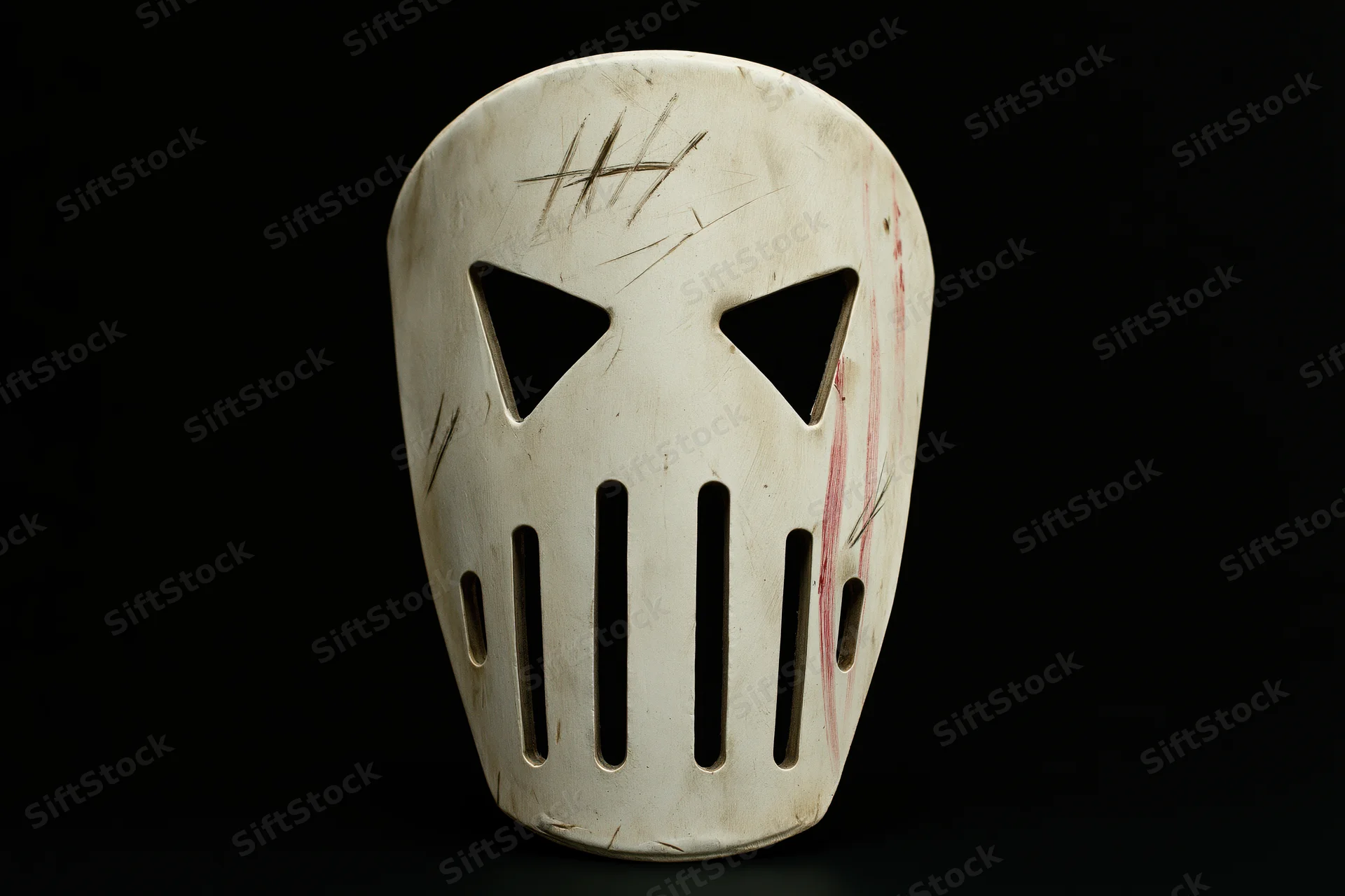 Worn white hockey mask with triangular eye cutouts and vertical slats on black background