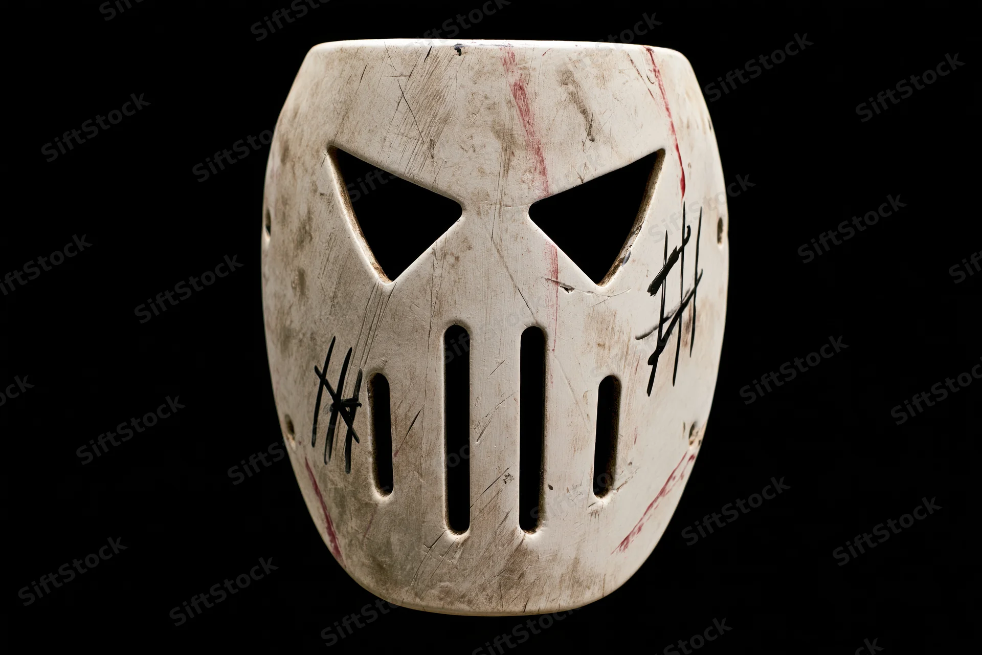 Worn white hockey face mask with triangular eye cutouts and vertical slits on black background