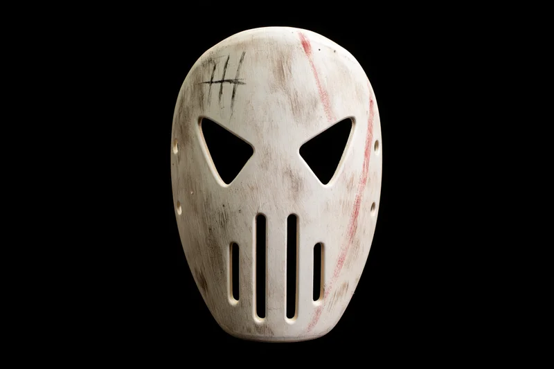 Worn white hockey mask with triangular eye cutouts and vertical slats on black background