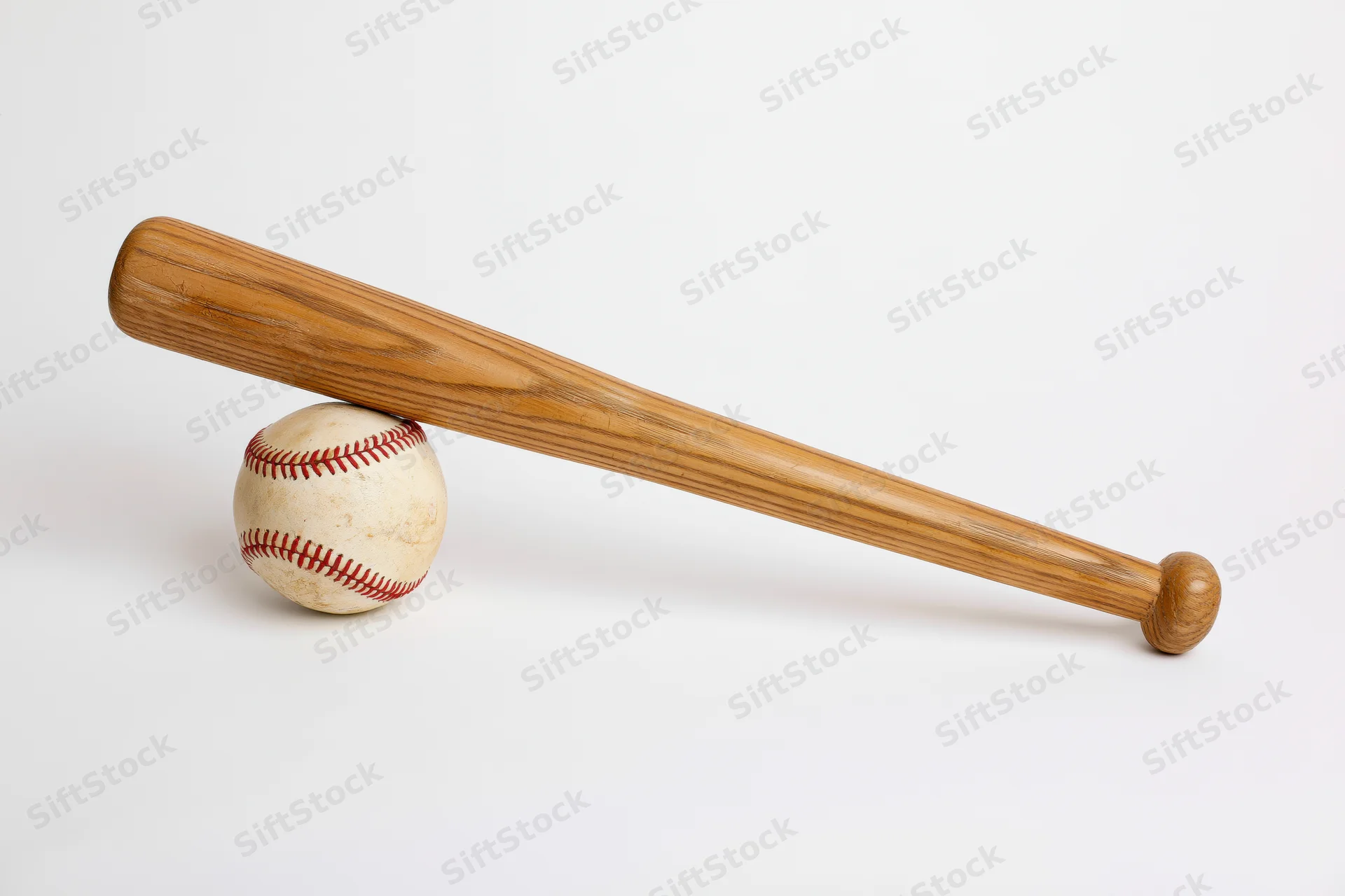Wooden baseball bat resting diagonally across a white background with a worn baseball underneath