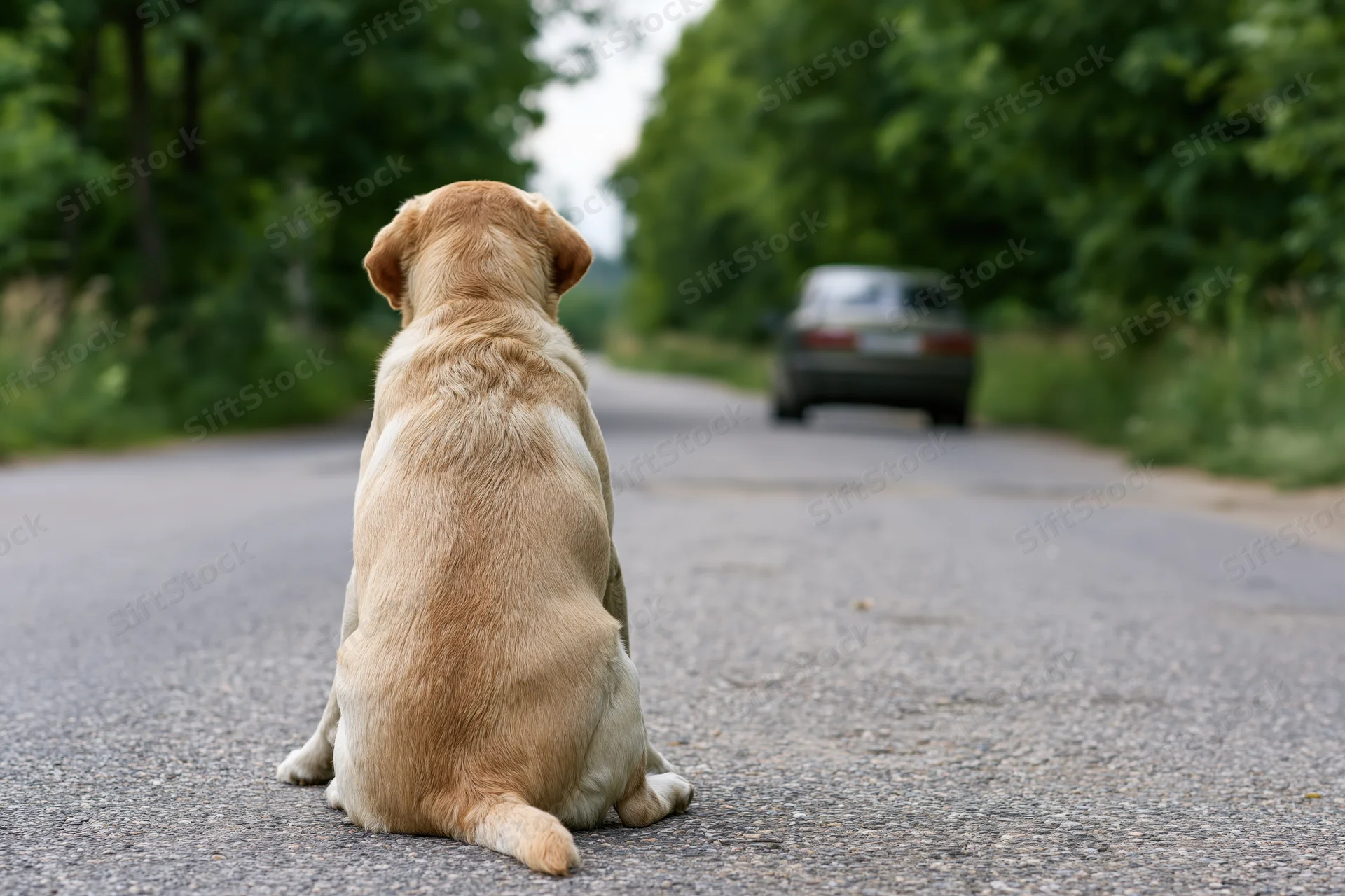Yellow labrador sitting alone on narrow asphalt road facing departing car