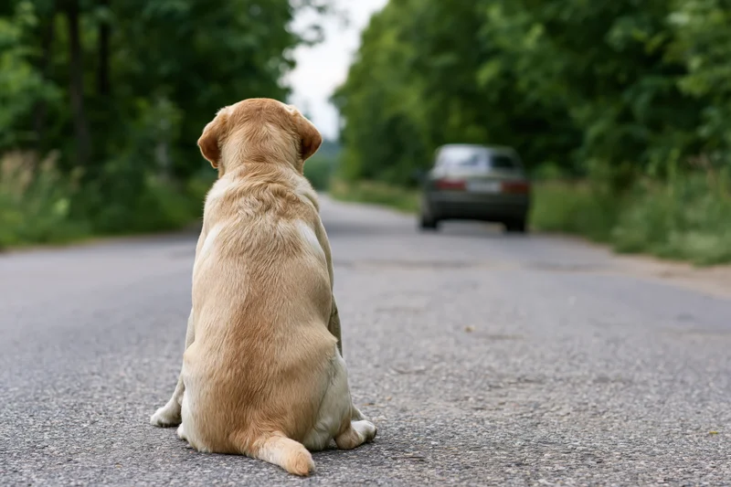 Yellow labrador sitting alone on narrow asphalt road facing departing car