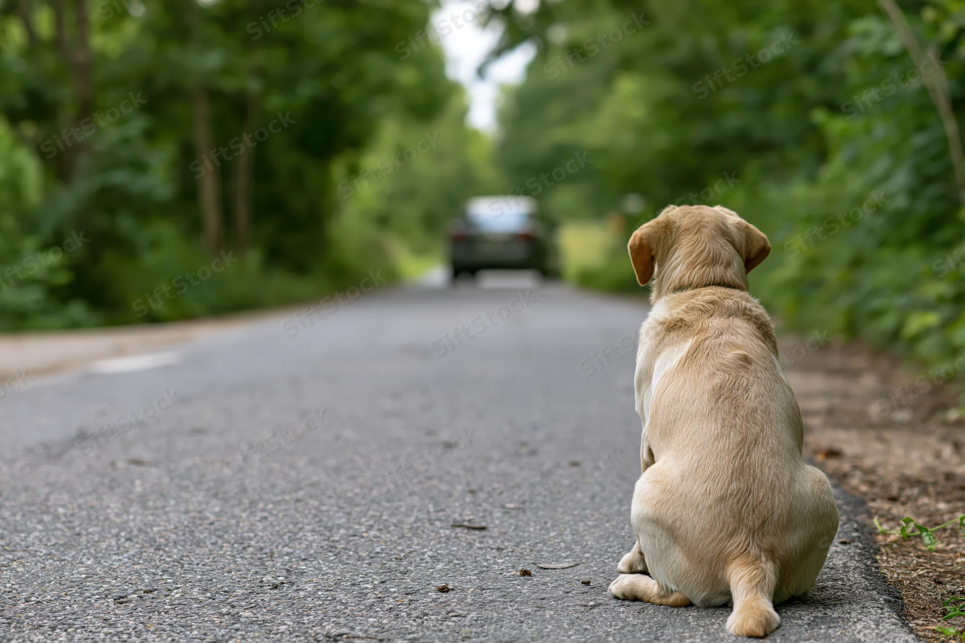 Yellow labrador puppy sitting alone on narrow asphalt road facing away from camera with car in distance surrounded by green trees