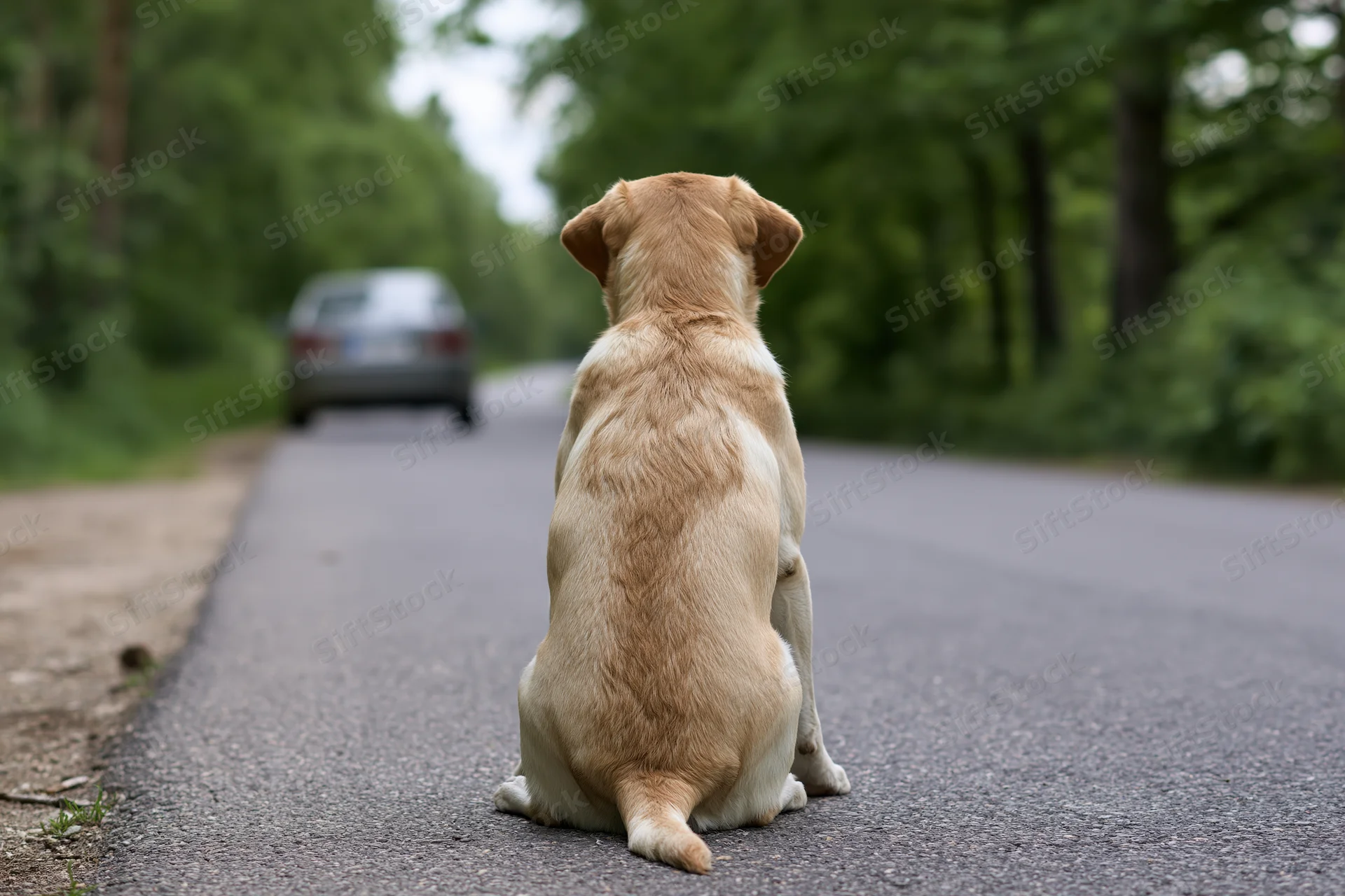 Yellow labrador puppy sitting alone on narrow asphalt road facing away from camera with car in distance surrounded by green trees