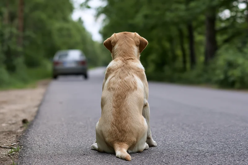 Yellow labrador puppy sitting alone on narrow asphalt road facing away from camera with car in distance surrounded by green trees
