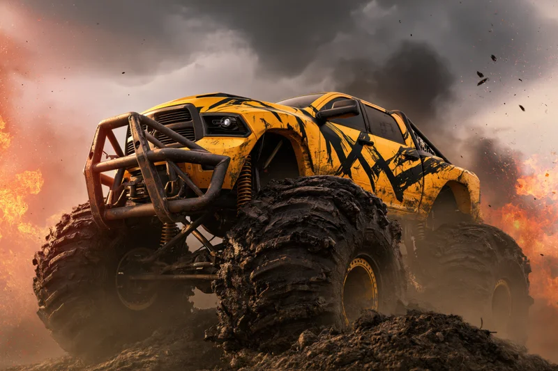 Yellow and black monster truck with oversized mud-caked tires driving through fiery debris on rugged terrain