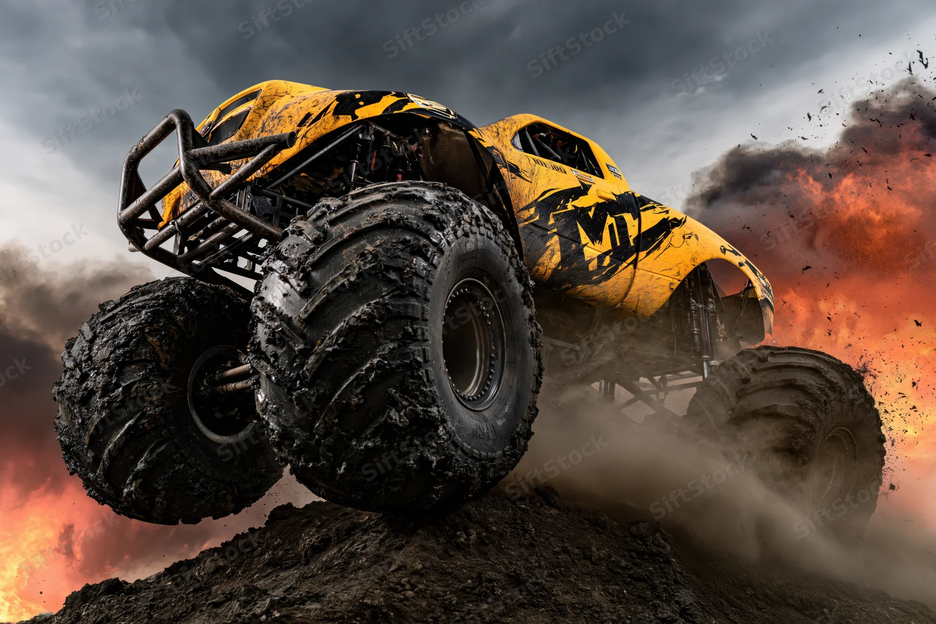 Yellow and black monster truck with oversized mud-caked tires jumping over a dirt hill under a dark stormy sky