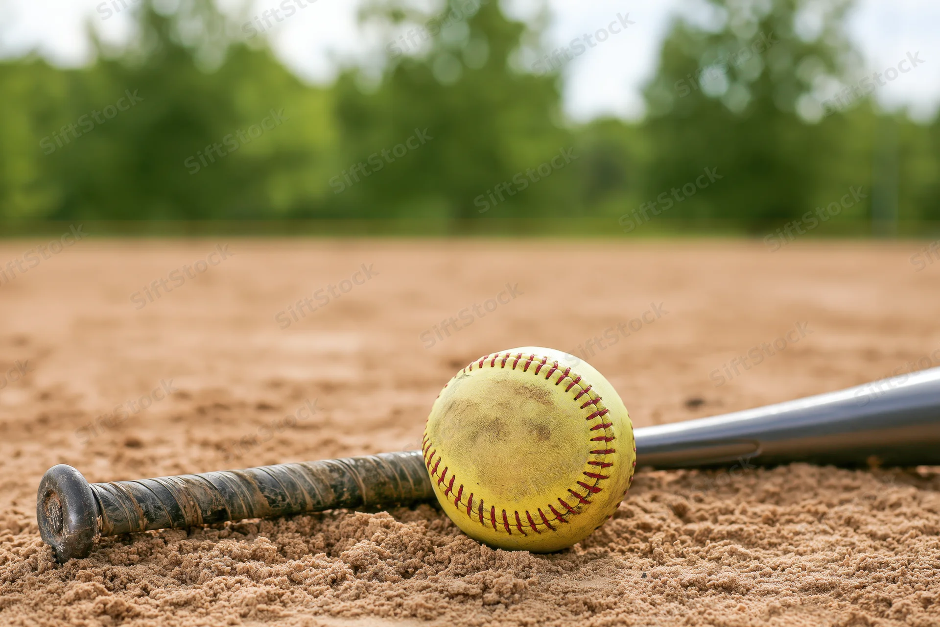 Yellow softball with red stitching resting against aluminum bat on sandy field