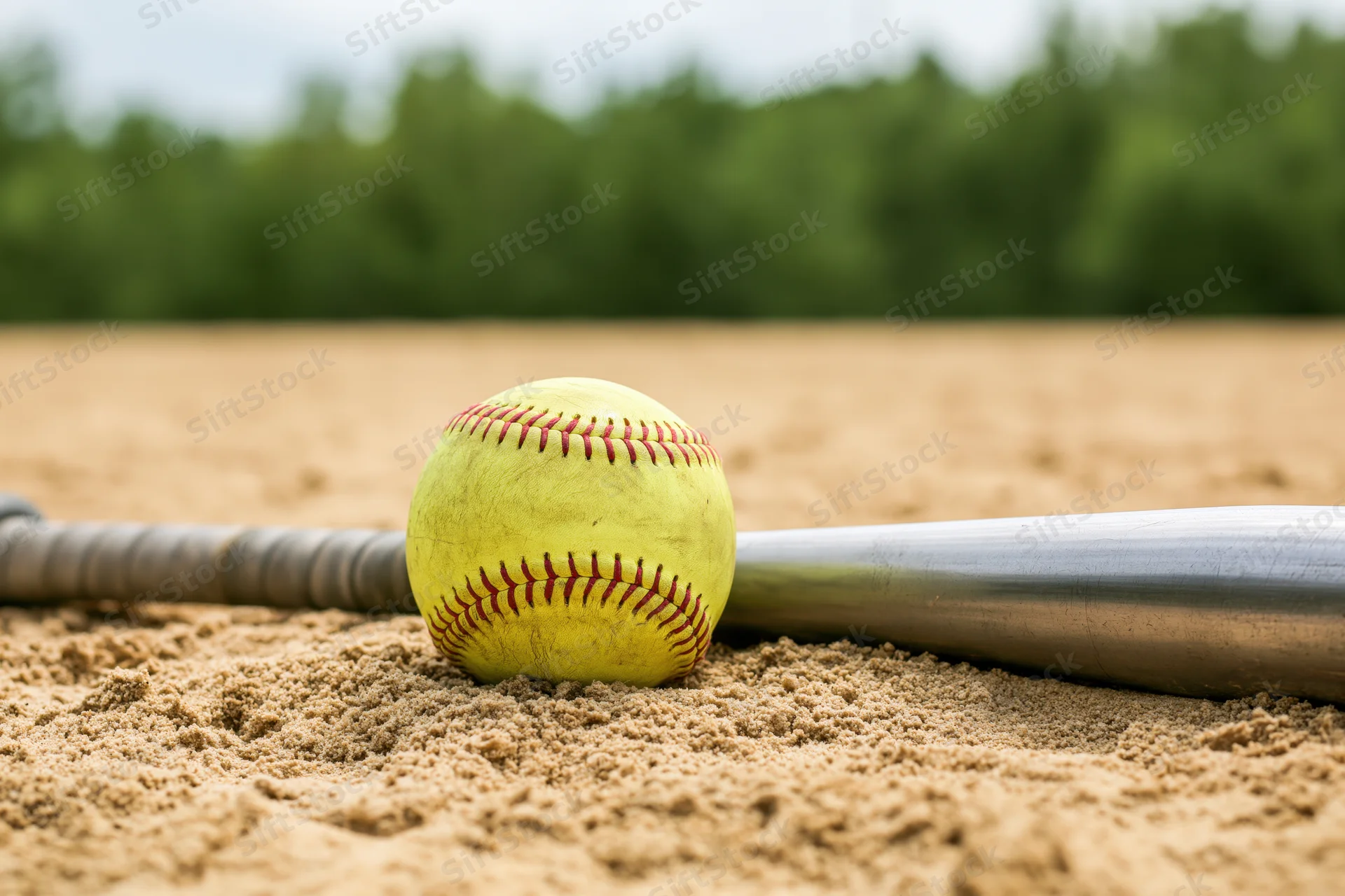 Yellow softball with red stitching resting against aluminum bat on sandy field