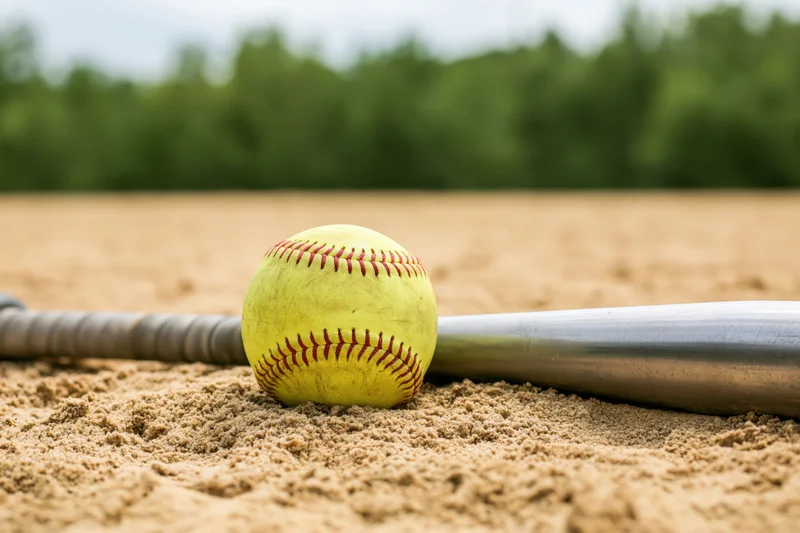 Yellow softball with red stitching resting against aluminum bat on sandy field