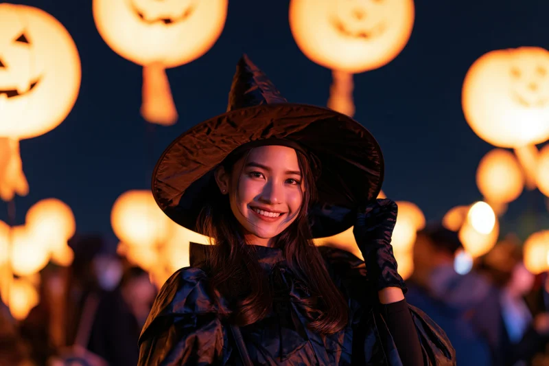 Young asian woman in witch costume smiling at camera at halloween party with glowing jack-o-lantern lanterns in background