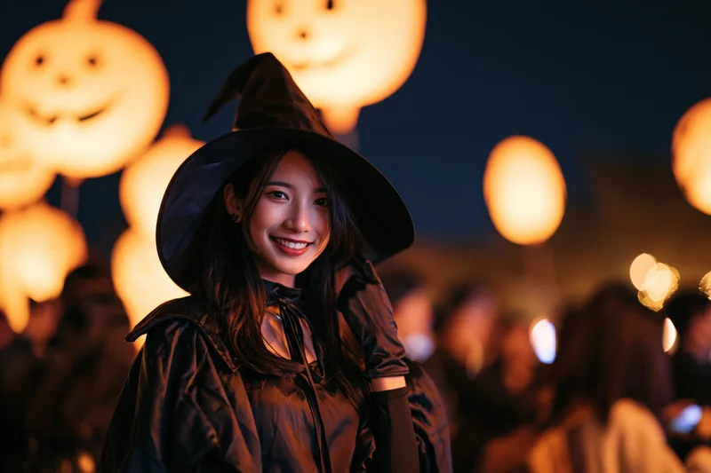 Young asian woman in witch costume smiling at camera at halloween party with glowing pumpkin lanterns in background