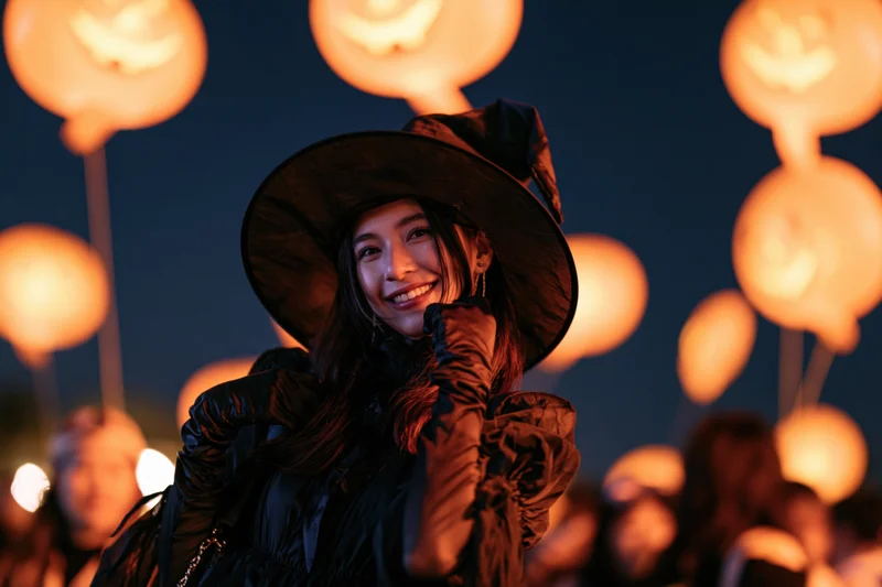 Young asian woman dressed as witch smiling at camera at halloween party with glowing pumpkin lanterns in background