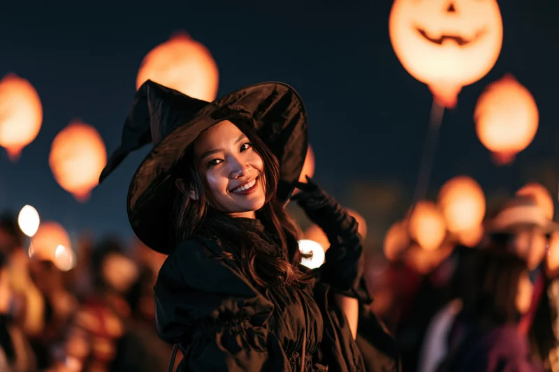 Young asian woman in witch costume smiling at camera at halloween party with glowing pumpkin lanterns in background