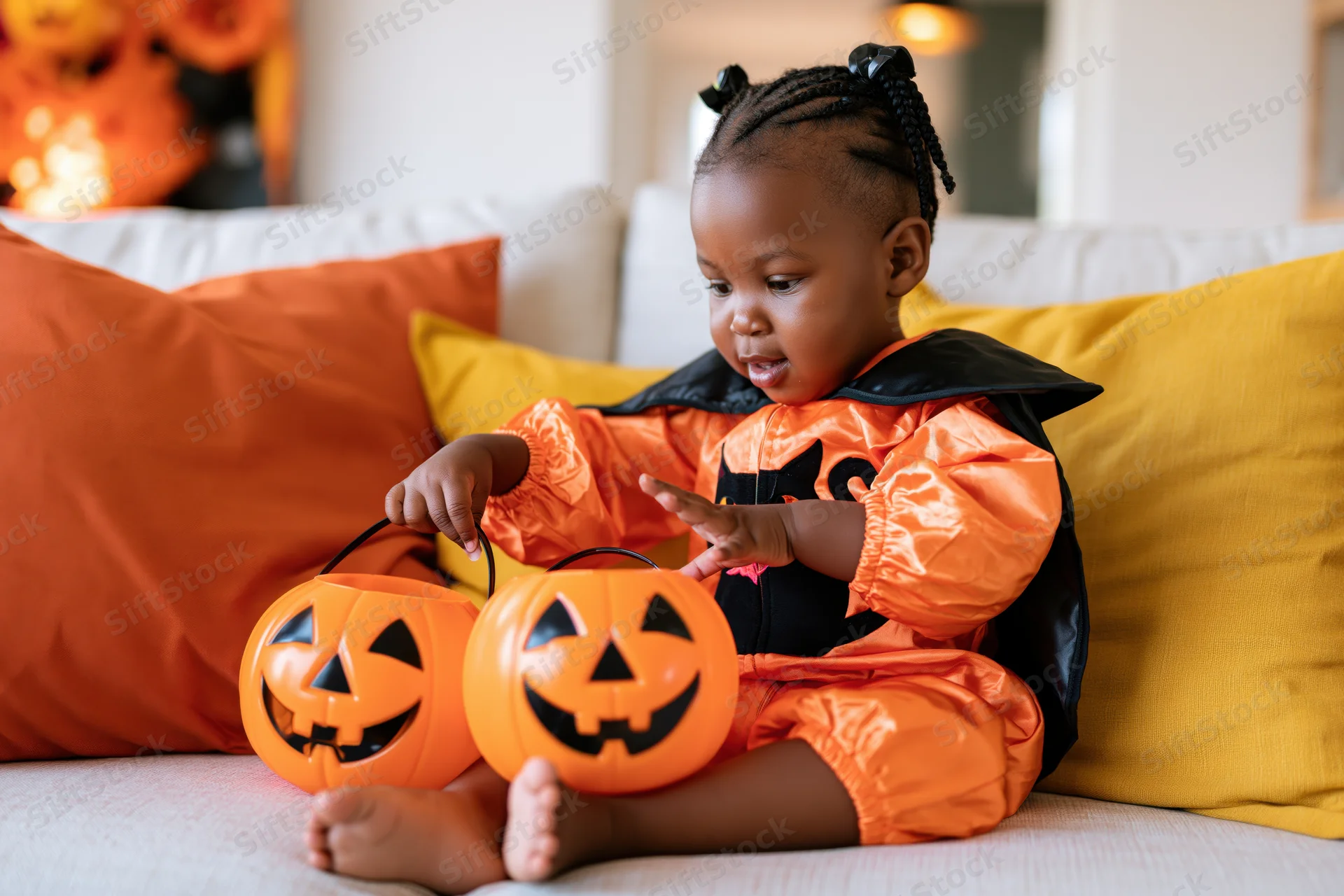 Young black toddler girl in orange pumpkin costume sitting on couch holding two jack-o-lantern buckets