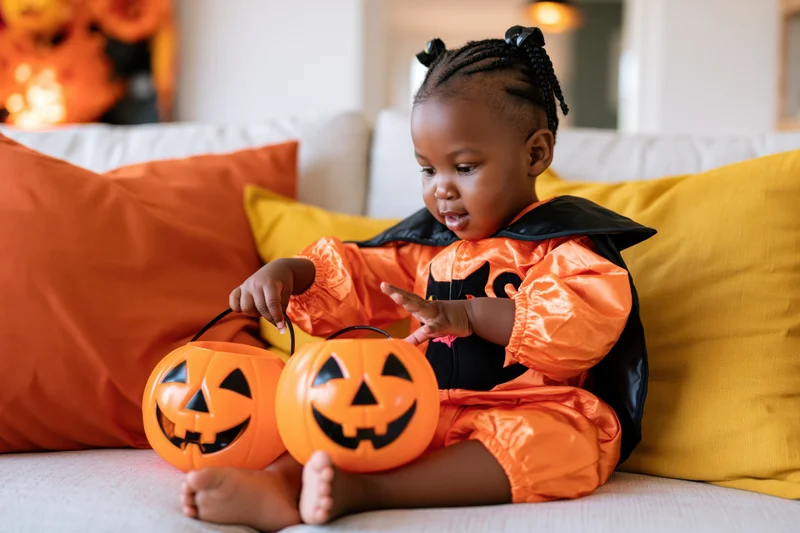 Young black toddler girl in orange pumpkin costume sitting on couch holding two jack-o-lantern buckets