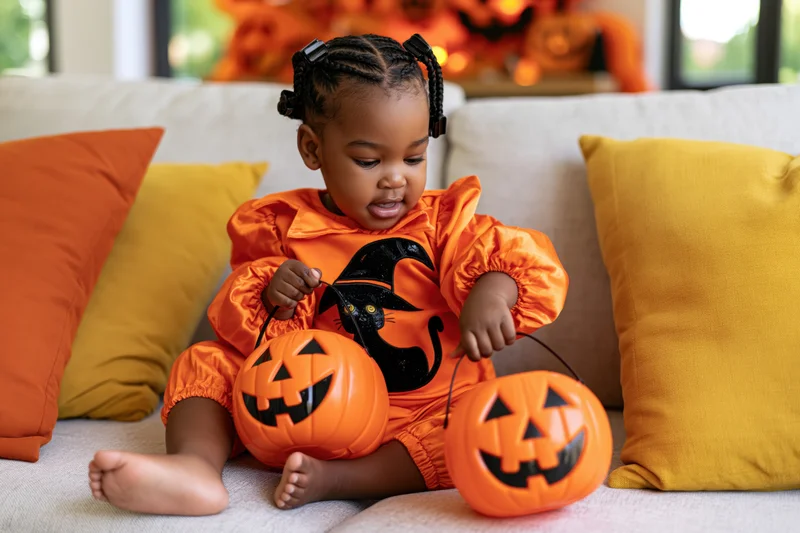 Young black toddler girl in orange pumpkin costume sitting on couch playing with two jack-o-lantern buckets