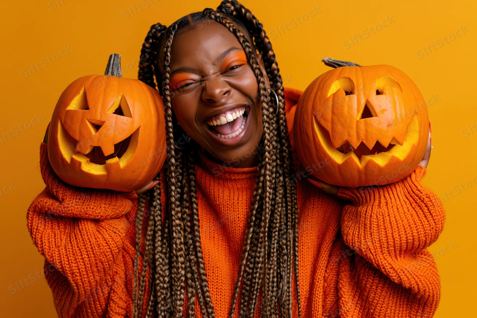 Young black woman laughing while holding two carved pumpkins against orange background