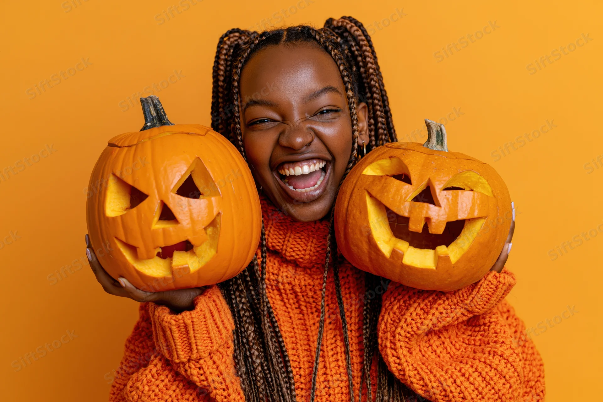 Young black woman laughing while holding two carved pumpkins against orange background
