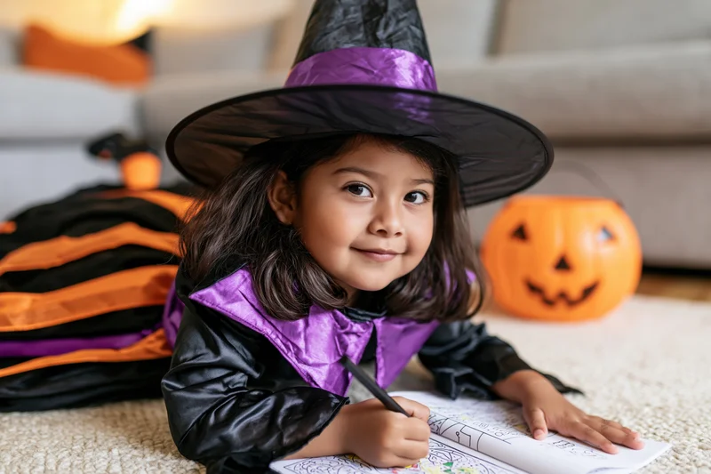 Young latina girl in witch costume coloring a book on carpet at home