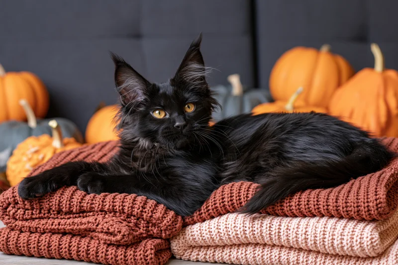 Black maine coon kitten resting on stacked knit blankets with pumpkins in background