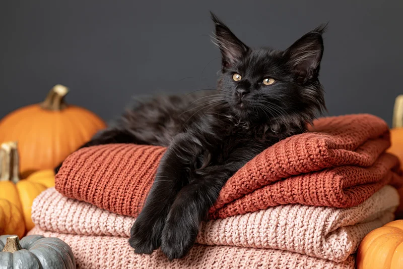 Black maine coon kitten resting on stacked knit sweaters surrounded by pumpkins
