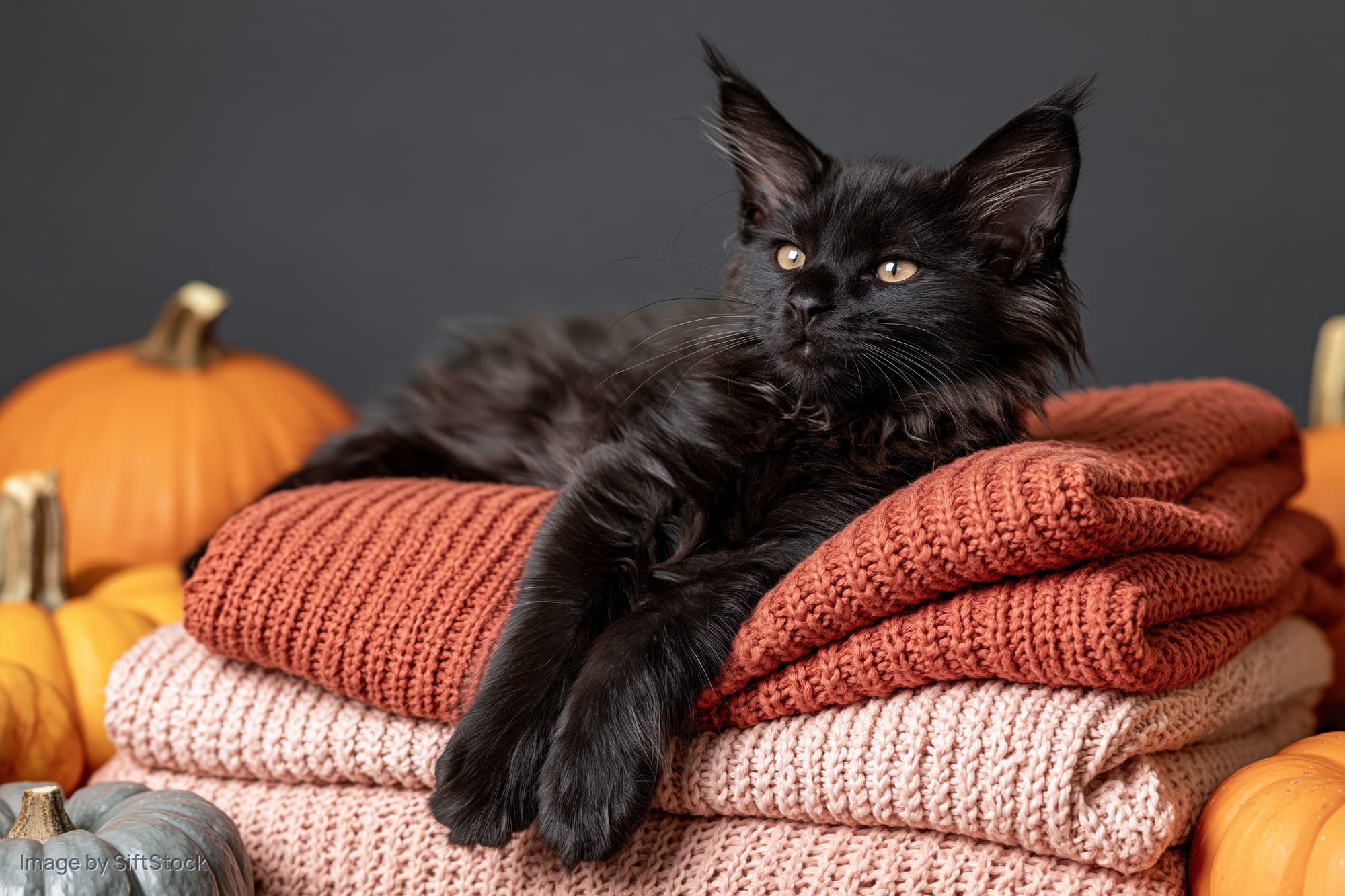 Black maine coon kitten resting on stacked knit sweaters surrounded by pumpkins
