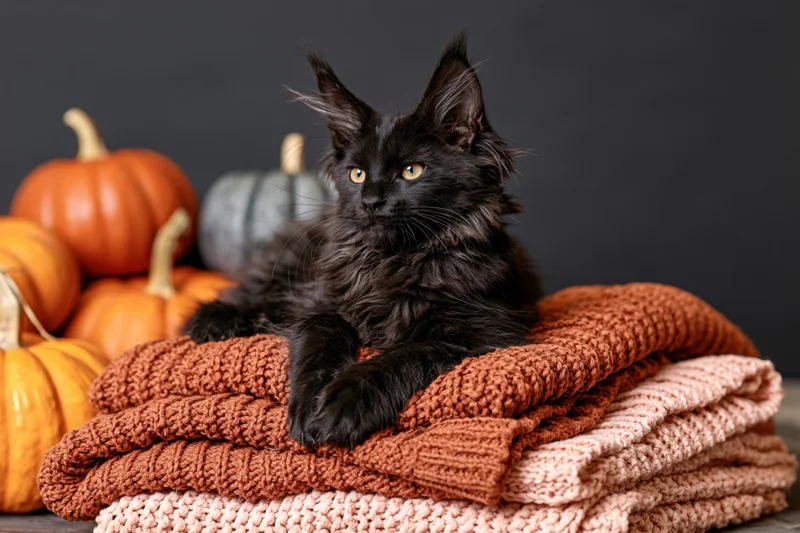Black maine coon kitten resting on stacked knit sweaters with pumpkins in background